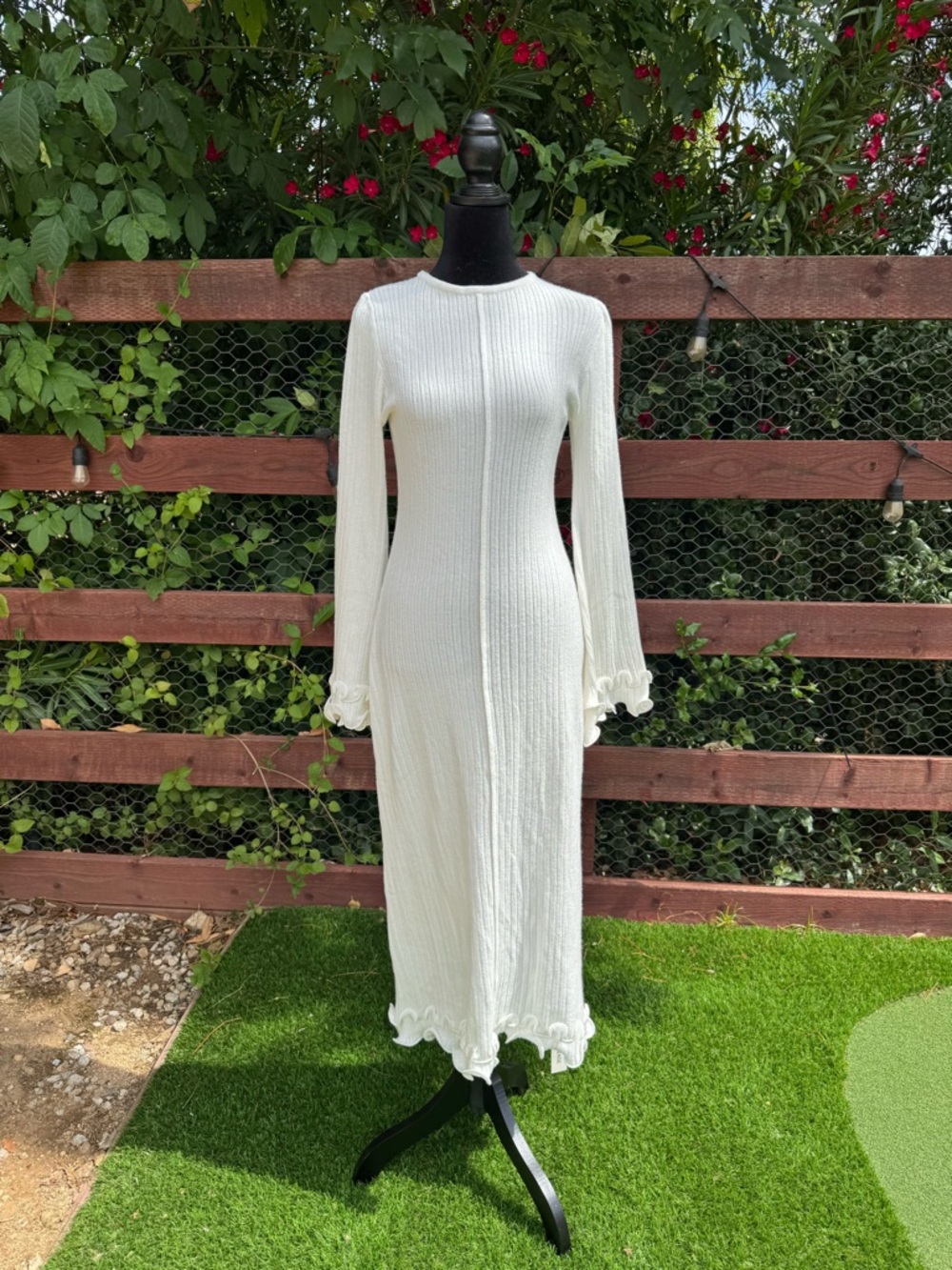 Commense Semi-Sheer Ruffle Knit Ribbed Long-Sleeve Dress